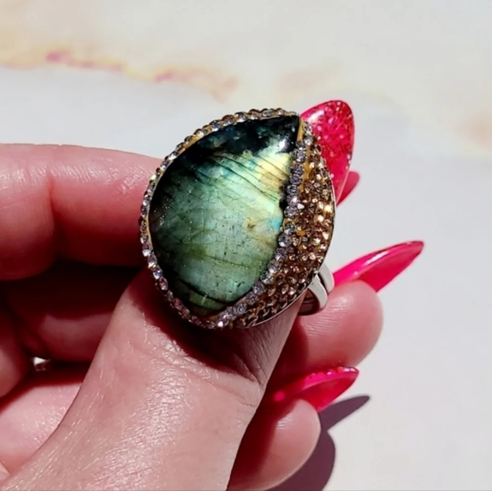 Natural Labradorite & Pave set Hematite Large Silver Ring
